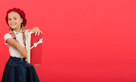 Thank you so much. Happy birthday concept. Girl kid hold birthday gift box. Every girl dream about such surprise. Birthday girl carry present with ribbon bow. Art of making gifts. Birthday wish list.の写真素材