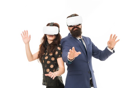 Modern software for business. Just imagine. Business implement modern technology. Couple colleagues wear hmd explore virtual reality. Business partners interact in virtual reality. New opportunity.の写真素材