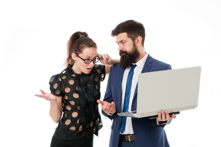 Supervisor concept. Couple working using laptop. Business lady check what is done. Outrageous result. Lady boss unsatisfied with business indicators. Manager show result. Report business result.の写真素材