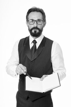 Man formal clothes hold notepad white explain business topic. Business school concept. Speaker business conference isolated white. Expert eyeglasses smart teacher. Join elite business academy event.の写真素材