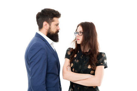 Man with beard and sexy woman in relations. Partnership and relations. Businesspeople relations. Business couple isolated on white. Fashion is a language. Romantic relations. misunderstanding.の写真素材