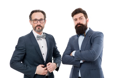 Businessman fashionable outfit isolated white. Business partners experienced colleagues. Men bearded wear suits. We going teach you all about business. Expert tips. Business conference formal event.の写真素材