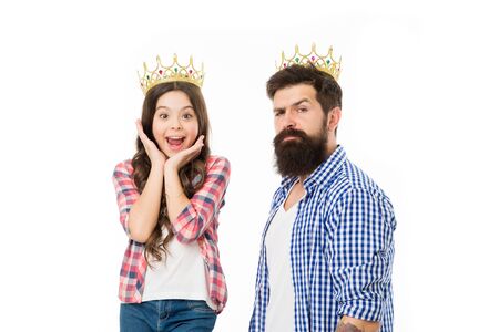 She is my little princess. Bearded man proud of his daughter. Man golden crown and little girl kid princess. Best daughter ever. Royal family. King and princess. Happy family white background.の写真素材