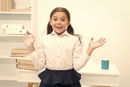 Idea concept. Happy girl got bright idea. Little child smile excited with new idea. Bring your idea...