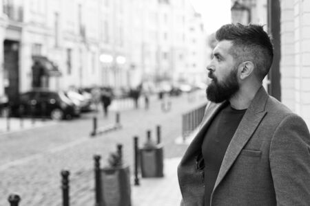 Man bearded hipster casual style waiting for taxi.の写真素材