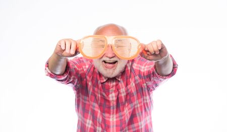 mature bearded man isolated on white. anniversary. holiday celebration. hello summer. man hold party...