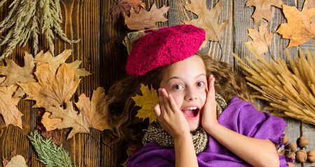 Fashion hat trend fall season. Kid girl bright soft knitted hat enjoy autumn. Autumn fashion hat...