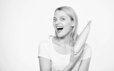 market. healthy teeth. agriculture and cultivation. Farming, farmer girl with maize in market. Happy woman hold corn. vegetable harvest. corn crop. vitamin and dieting food. market ad. best in marketの写真素材