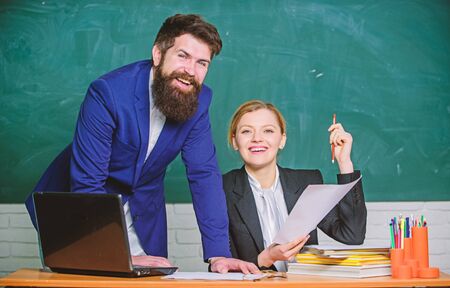 Look at this. teacher and student on exam. businessman and secretary. back to school. Non-formal...