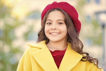 Hat accessory french fashion detail. Kid girl bright hat beret. Autumn hat fashion accessory. French...
