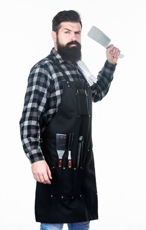 The best chef cutting the best meat. Meat chef with butcher knife. Bearded man holding meat mincing...