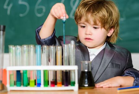 Biotechnology and pharmacy. Genius pupil. Education concept. Experimenting with chemistry. Talented...
