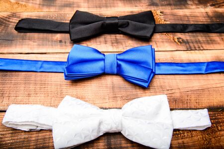 Esthete detail. Fix bow tie. Groom wedding. Textile fabric bow close up. Modern formal style....
