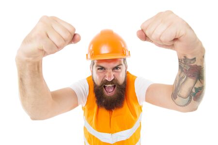 Yes we can. Man engineer protective uniform white background. Engineering career concept. Architect builder engineer. Safety apparel for construction industry. Bearded brutal hipster safety engineerの写真素材