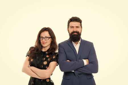 Portrait of smiling business partners. Business partner couple isolated on white. happy businesspeople. Partnership and collaboration. bearded man and woman partner. Intelligent and confidentの写真素材