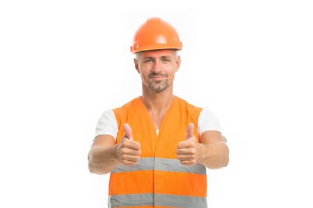 Good job. Safety is main point. Man builder wear protective hard hat and uniform white background....