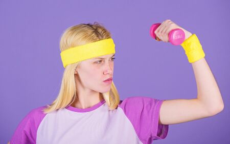 Biceps exercises for women with step by step guide. Girl hold dumbbells wear wristbands. Vintage...