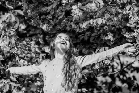 blossom smell, allergy. small girl child in spring flower bloom. summer. Childhood beauty. Living in the moment. Natural cosmetics for skin. happy girl in cherry flower. Sakura tree bloomingの写真素材