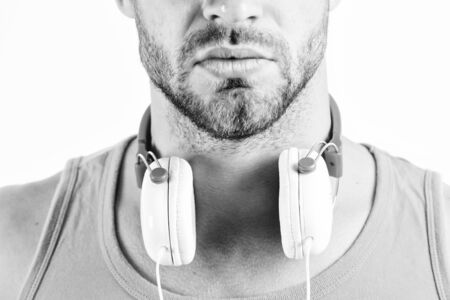 Sale discount. Enjoy perfect music sound headphones. Man listening music headphones white...