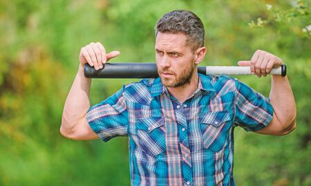 Confident in his strength. Bully guy in nature with cudgel. Wild energy. Power and strength. Feel my...