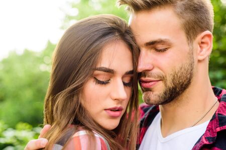 Man hipster and pretty woman in love. Summer vacation. Fall in love. Pure feelings. Enjoying...