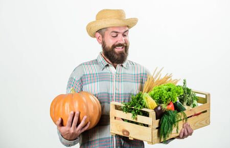 Farmer carry harvest. Farmer lifestyle professional occupation. Buy local foods. Farmer rustic bearded man hold wooden box with homegrown vegetables and pumpkin white background. Locally grown foodsの写真素材