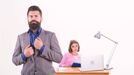 Man candidate pass interview. Welcome new team member. Recruiter professional occupation. HR manager. Recruitment department. HR expert office. Woman hr manager sit in office. Job interview conceptの写真素材