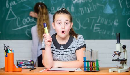 Yes. Chemistry research. science experiments in bilogy laboratory. Biology lesson. Back to school. Little girls in school lab. biology education. Little scientist work with microscope. I love my jobの写真素材