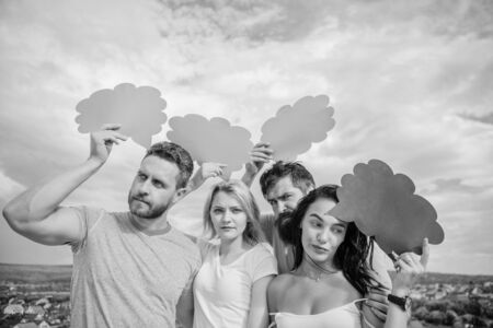 Promoting the best possible communication. Friends send messages on comic bubbles. People speak using speech bubbles. Communication pleasure. Communication occurs through speech balloons, copy spaceの写真素材