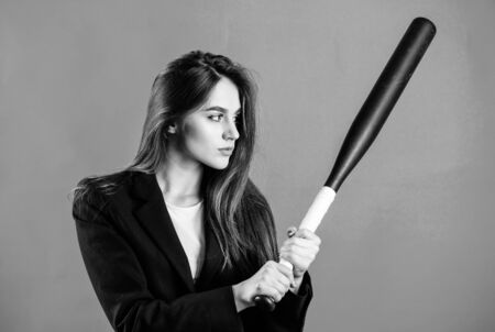 Bandit gang and conflict. successful woman. Street life. sexy woman with baseball bat. criminal dirty business. big game success. confident businesswoman. Sporty girl fighter. Sport equipmentの写真素材