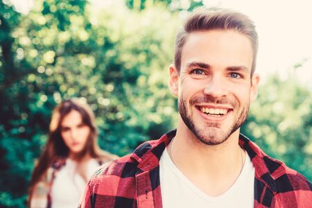 Special day. couple in love. family weekend. romantic date. man in selective focus with girl in park. happy valentines day. summer camping in forest. couple first meet outdoor. Relationsの写真素材