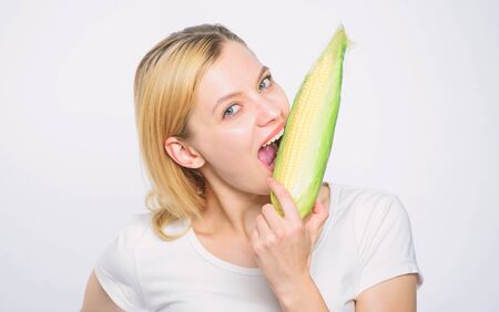 healthy teeth. hunger. agriculture cultivation. Happy woman eat corn. vegetable harvest. Farming,...