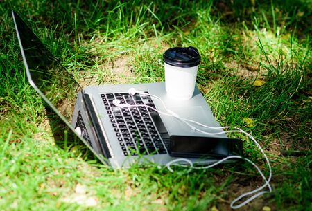Coffee break outdoors. Laptop modern smartphone with earphones and coffee cup on green grass. Summer park. Work and relax in natural environment. Green office. Its coffee time. Coffee take awayの写真素材