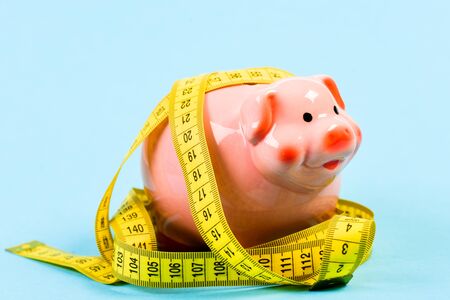 Piggy bank and measuring tape. Budget limit concept. Economics and finances. Pig trap. Budget crisis. Planning budget. Business problem. Limited or restricted. Credit loan debt. Measure costsの写真素材