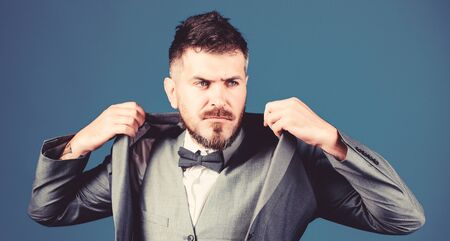 trendy watchmaker. business in modern life. esthete. stylish art director. bearded man in formal suit. mature illusionist. Bride groom ready for wedding. businessman with beard in tie. perfect styleの写真素材