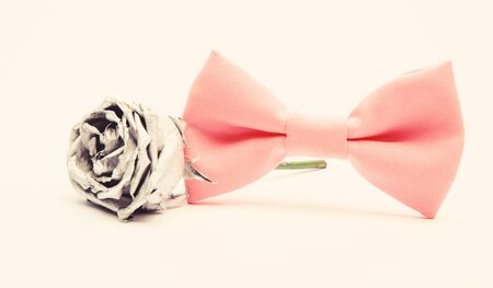 silver rose flower and male bow tie isolated on white. Wedding accessories. Elegant look. Esthete...