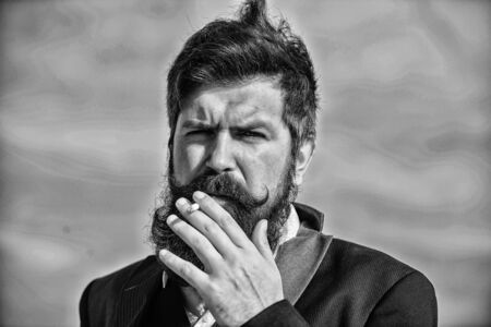 Feeling relaxed. Businessman against the sky. Future success. Male formal fashion. Bearded man...