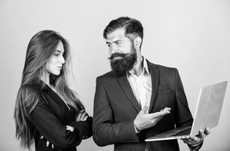 Business meeting. Discussing progress. Man bearded manager show financial report laptop. Woman and...