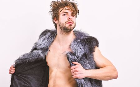 Fashion concept. Fashion and pathos. Richness and luxury lifestyle. Sexy sleepy rich macho tousled...