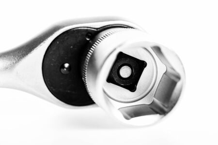 Service with Integrity. socket wrench isolated on white background. Set of tools isolated on white background. chrome plating. Socket Spanner Wrenchの写真素材