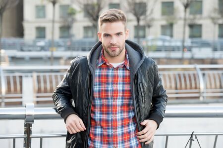 Cool and confident. Facial hair and skin care concept. Handsome face. Handsome man unshaven face and...