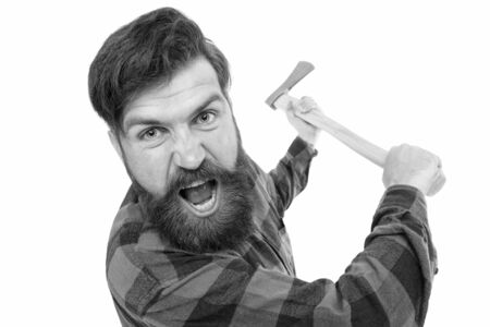 I hate it. Crazy man with axe isolated on white. Brutal lumberjack with crazy look. Bearded hipster in crazy mood threaten with axe. Crazy psychoの写真素材
