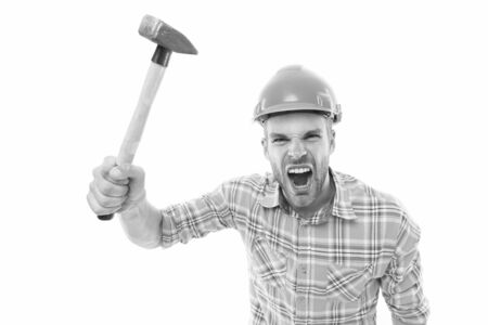Angry boss. Destroy and build. Repair service. Repair and renovation concept. Handyman home repair....