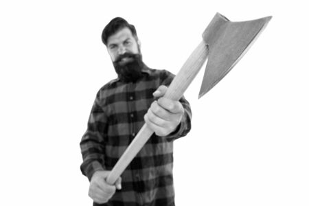 Chop it. Axe selective focus. Bearded man hold large axe handle isolated on white. Brutal lumberjack...