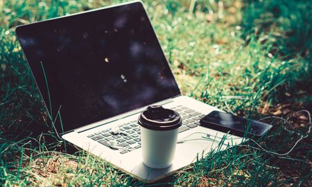 summer vibes. Relax. agile business. Online study. university students life. Online shopping. working place outdoor. Free music. computer with headset of mobile phone and coffee to go on green grass.の写真素材
