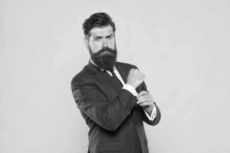 Because you worth it. Confident businessman handsome bearded man in formal suit. Successful handsome hipster top manager. Serious motivated entrepreneur. Barbershop and stylist. Handsome guy conceptの写真素材
