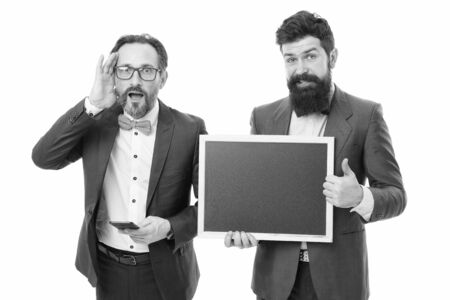 welcome on board. bearded men hold advertisement blackboard. partners celebrate start up business...