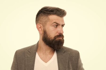 Man bearded hipster stylish fashionable jacket. Casual jacket perfect for any occasion. Feeling comfortable in natural fabric clothes. Simple and casual. Casual outfit. Menswear and fashion conceptの写真素材