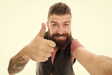 Styling beard and moustache. Fashion trend beard grooming. Guy expressing success. Hipster with...