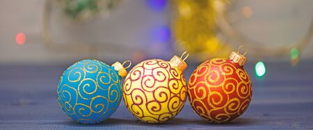 Decorate christmas tree with traditional toys. Symbol of new year and christmas holidays. Various...